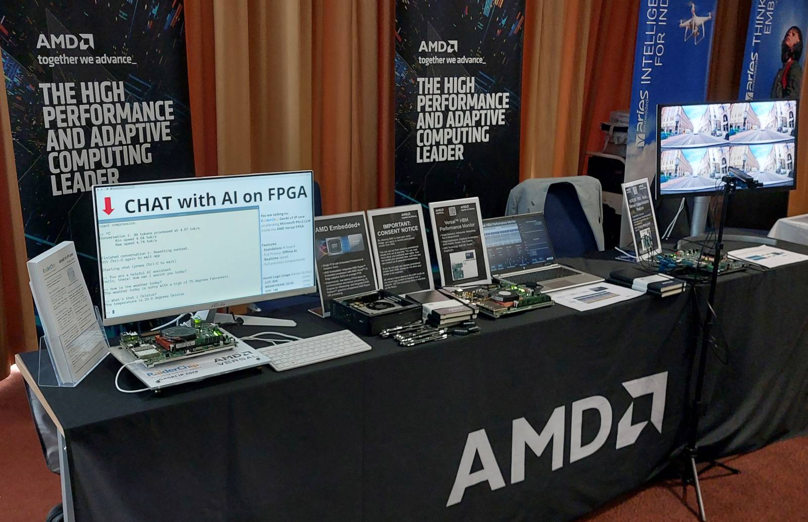 RaiderChip GenAI v1 demo running the Phi-2 LLM model on a Versal FPGA on AMD's booth