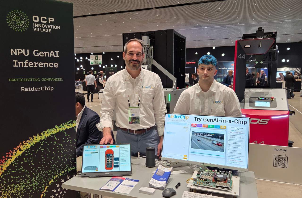RaiderChip team demonstrating the Kairos prototype at the OCP Innovation Village during OCP EMEA 2026
